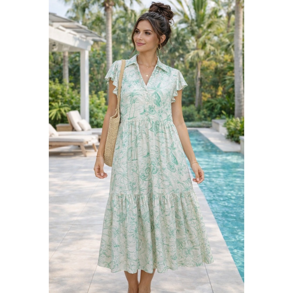 Jane and Delancey Pale Mint Green Floral Collared Tiered Midi Dress